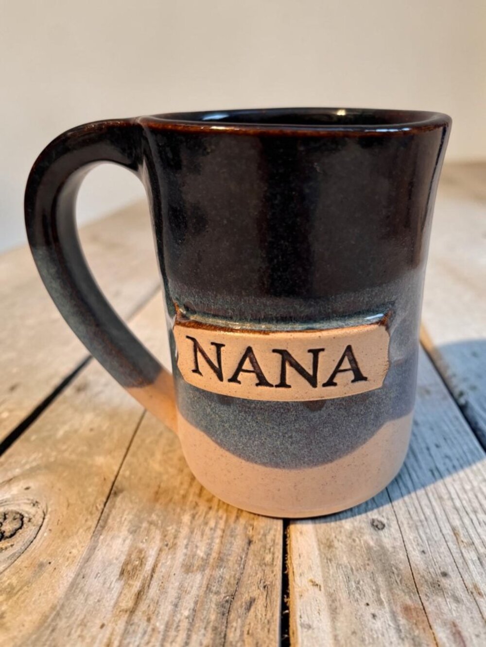 Handmade Ceramic Nana Mug - Rustic Blue & Brown Glaze - Gift For Grandmother